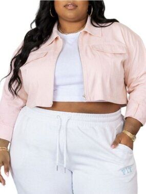 Rommoon Size XXL Jacket Cropped Zip-Up Pink Lapel Collar Chest Pockets